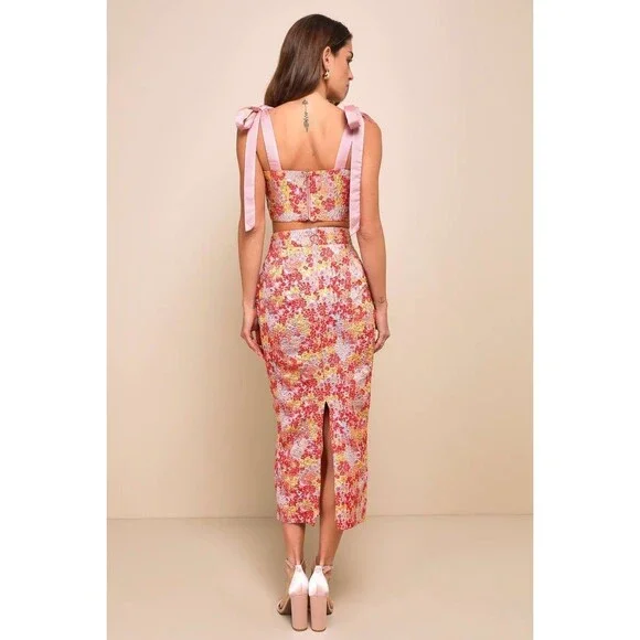 Lulu’s Ellarina Pink Multi Metallic Tie-Strap Two-Piece Midi Dress Set Small - Picture 3 of 12